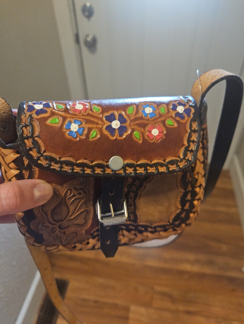 Handmade Hand-Tooled & Hand-Painted Leather Crossbody Bag